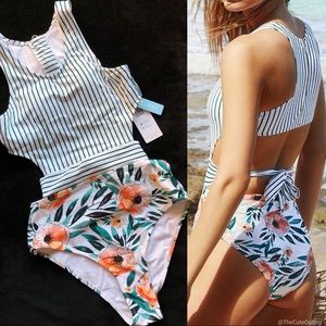 Poppy Print green one pice swimsuit tie back